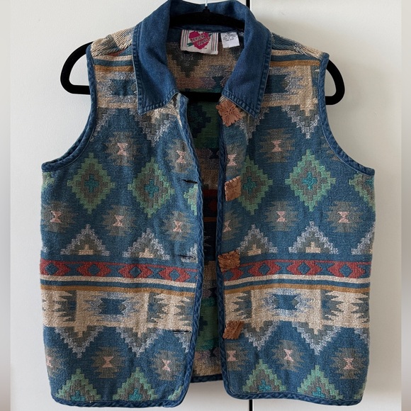 Vintage Jackets & Blazers - Southwestern Pattern Denim-Trim Kids Vest - Blue/Teal